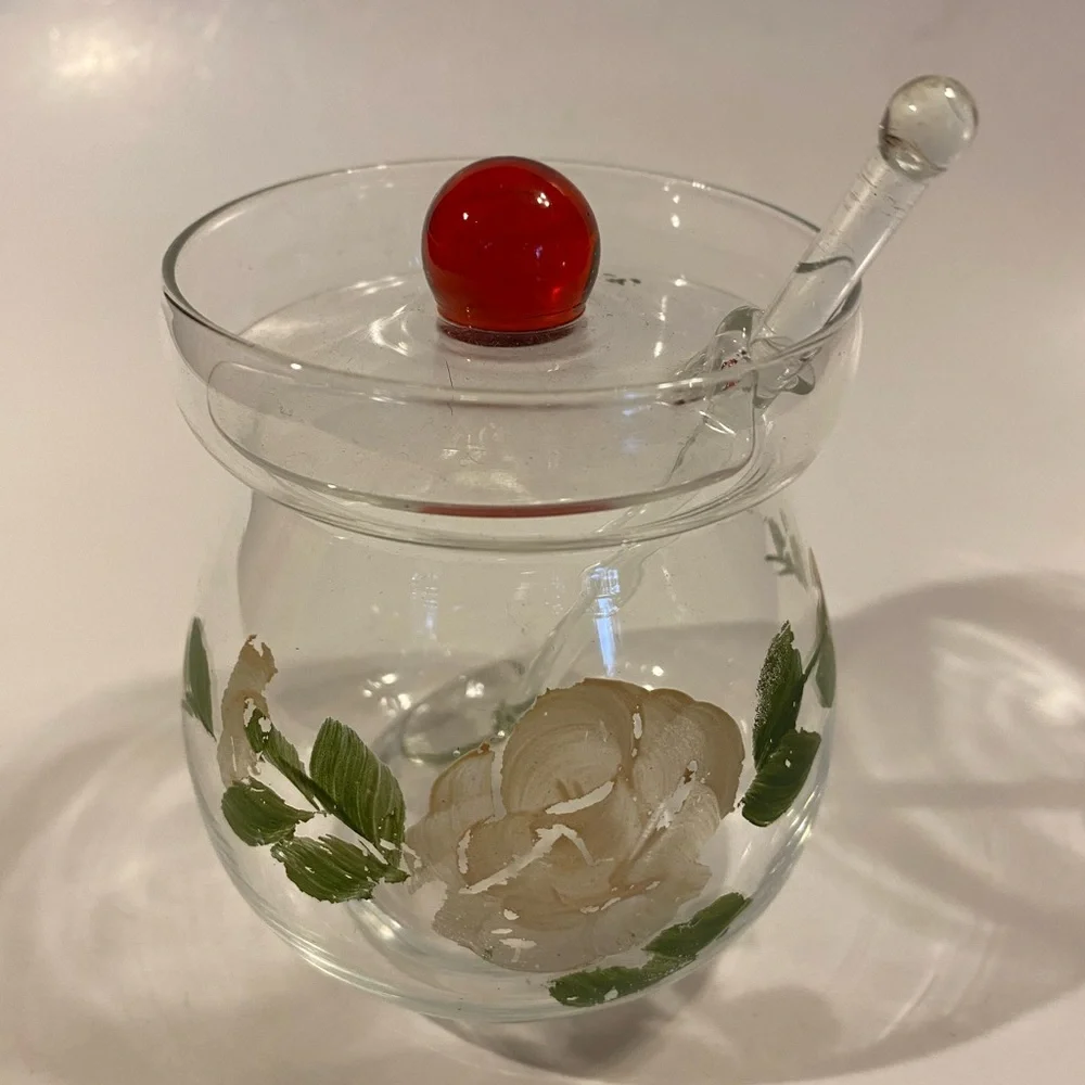 Vintage Hand-Painted Glass Honey Jar with Glass Dipper & Red Ball Finial Lid